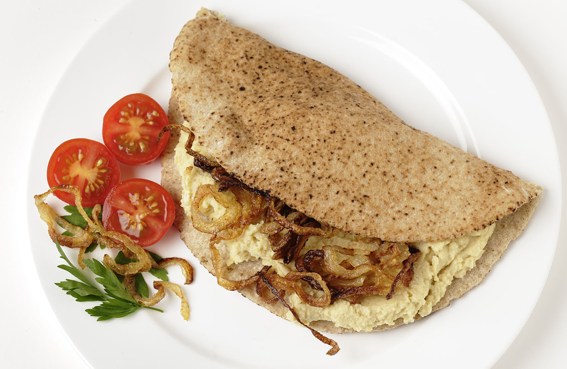 Pitta bread with Tofu Spread and caramelized onions